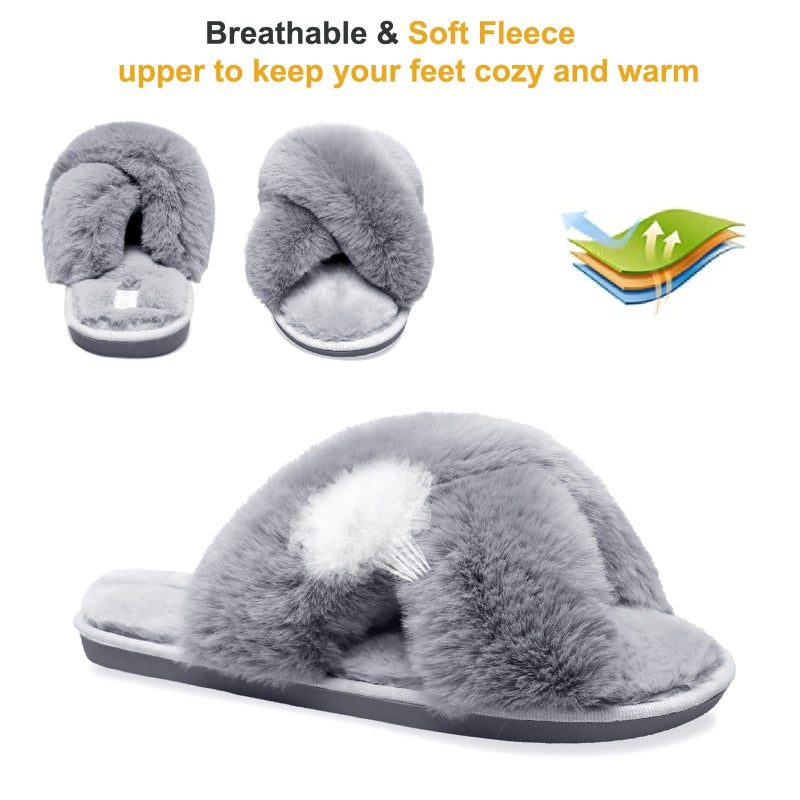 JIASUQI Women's Cross Band Fuzzy House Slippers Soft Plush Furry Faux Fur House Indoor Outdoor Slippers for Women Grey 8-9 - Image 3